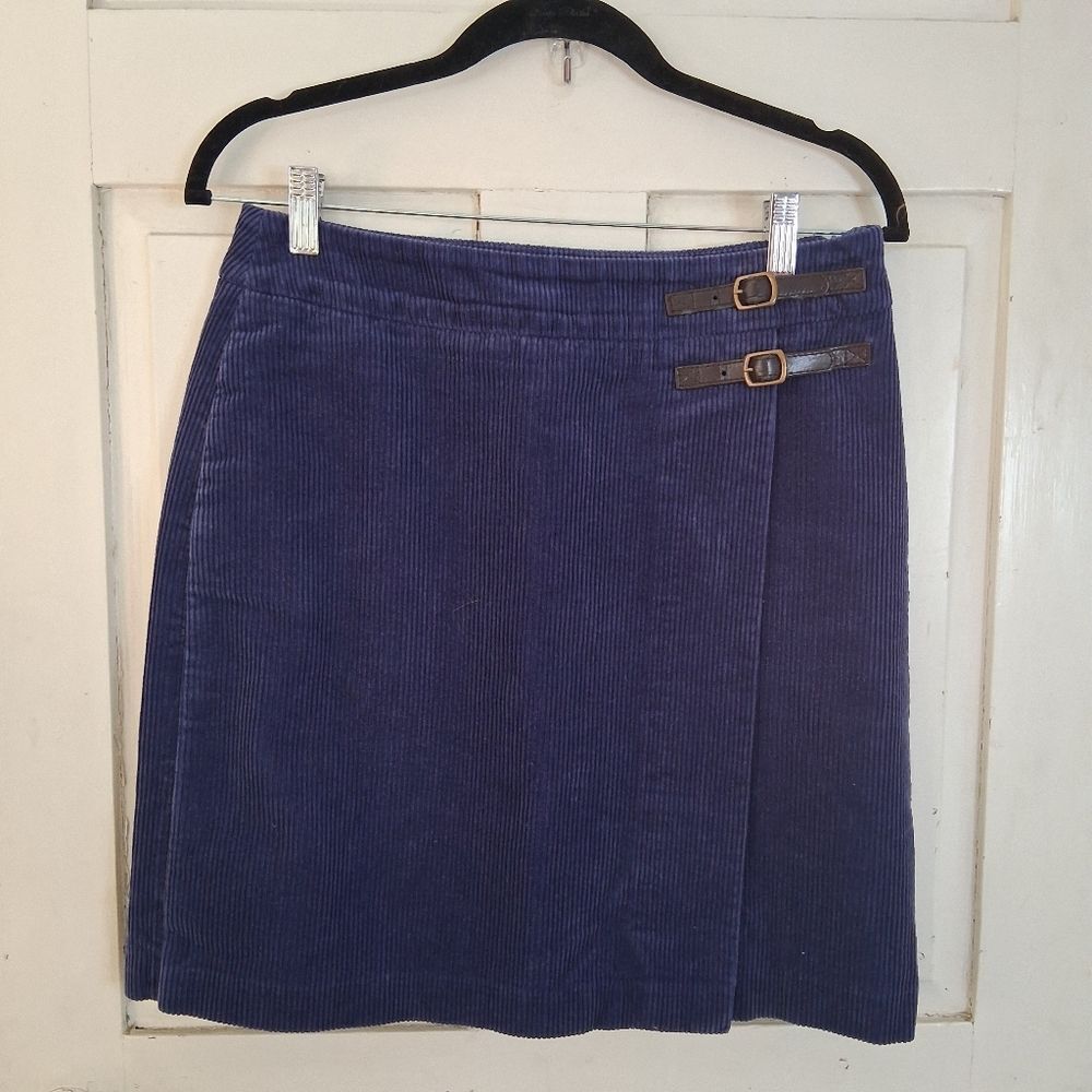 Boden Navy Corduroy Faux Wrap Mini Skirt with Buckle Accents